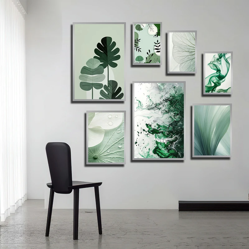 تابلو بکلیت طرح نقاشی طبیعت و برگ انجیری و آبرنگی مدل SI-3413 فریم نقره ای مجموعه 7 عددی