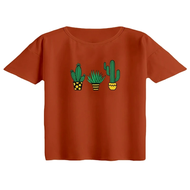 کراپ تی‌شرت آستین کوتاه زنانه مدل کاکتوس رنگ آجری تیره