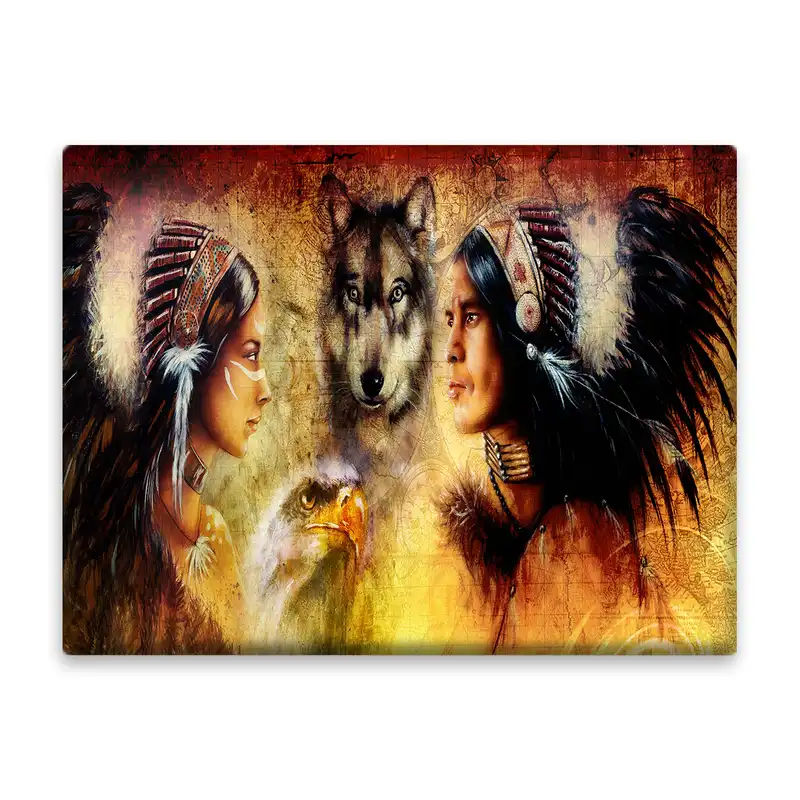 کاشی اطلس آبی طرح زن و مرد سرخ پوست و گرگ و عقاب مدل T1018