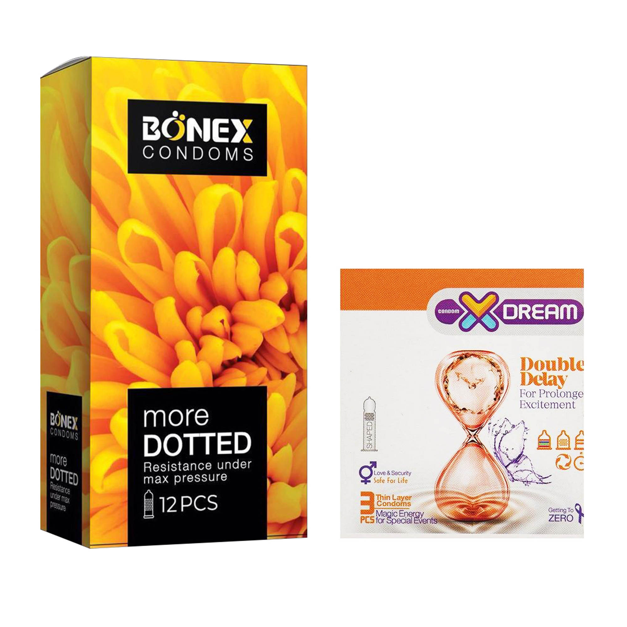 کاندوم بونکس مدل More Dotted بسته 12 عددی به همراه کاندوم ایکس دریم مدل Double Delay بسته 3 عددی