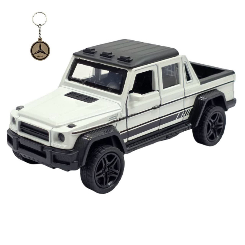 ماکت ماشین فلزی وانت بنز جی کلاس ناب سل مدل MERCEDES BENZ G-CLASS عقبکش، چراغدار و موزیکال با در و صندوق بازشو به‌همراه جاسوییچی