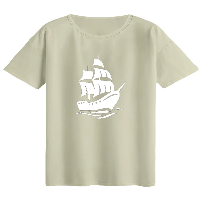 تی‌شرت اورسایز آستین کوتاه زنانه مدل باکسی طرح کشتی