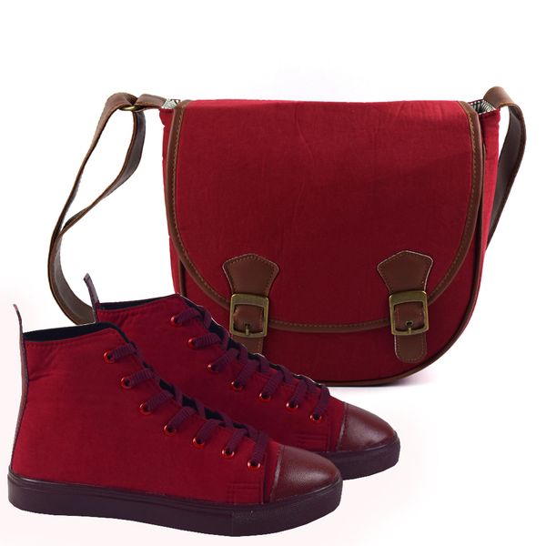 ست کیف و کفش زنانه مدل ساقدار رنگ زرشکی