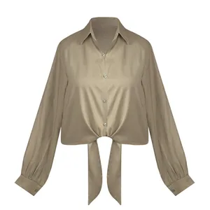 کراپ شومیز آستین بلند یقه برگردان زنانه مدل گره ای پوپلین نخ کد AK1533