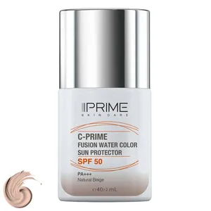 فلوئید ضد آفتاب رنگی پرایم، SPF 50، مدل فیوژن واتر، مناسب انواع پوست  با تنالیته متوسط و حجم 40 میلی لیتر، محافظت‌کننده در برابر  اشعه‌های PA++++ ،UVA ،UVB، دارای فرمولاسیون فاقد چربی، ویتامین سی و آنتی اکسیدان، با ماندگاری 4 ساعته