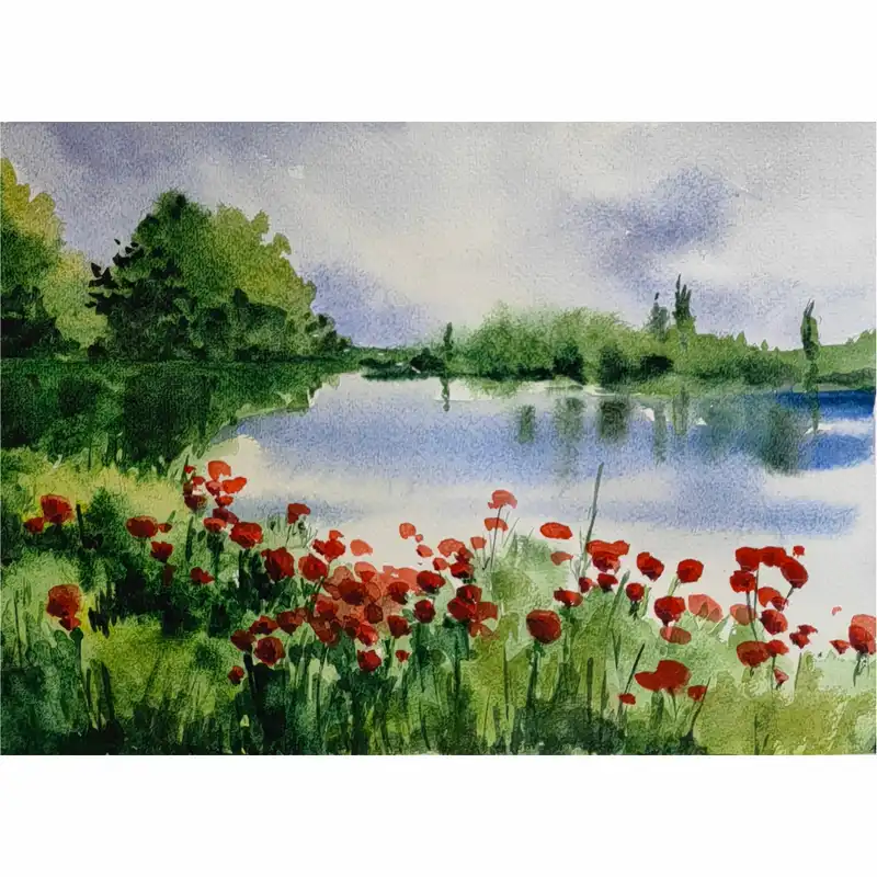 نقاشی آبرنگ طرح دشت شقایق کد 1008
