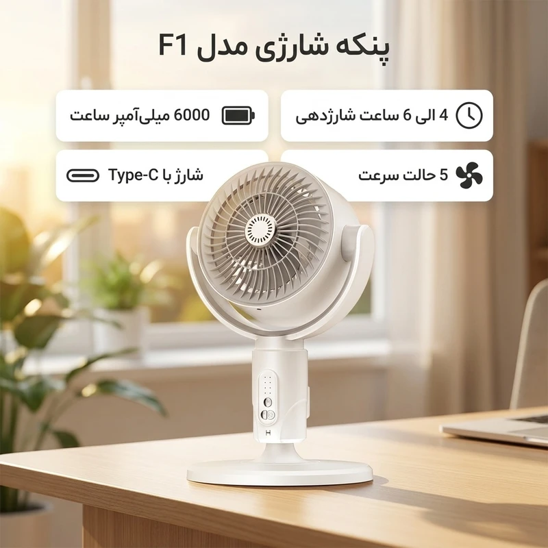 عکس شماره 2 : پنکه شارژی مدل f1 ظرفیت 6000 میلی آمپر