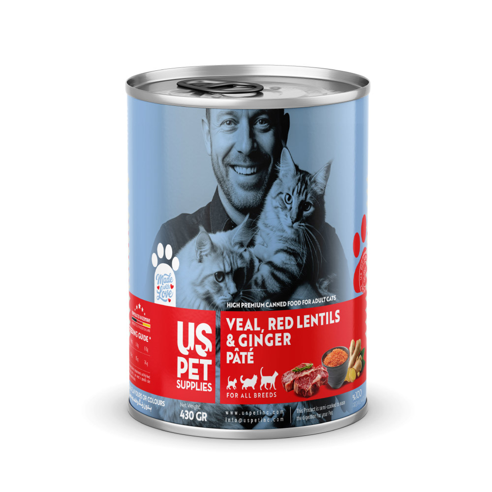 کنسرو غذای گربه بالغ یو اس پت مدل های‌پریمیوم طعم گوشت گوساله و عدس قرمز و زنجبیل وزن 430 گرم