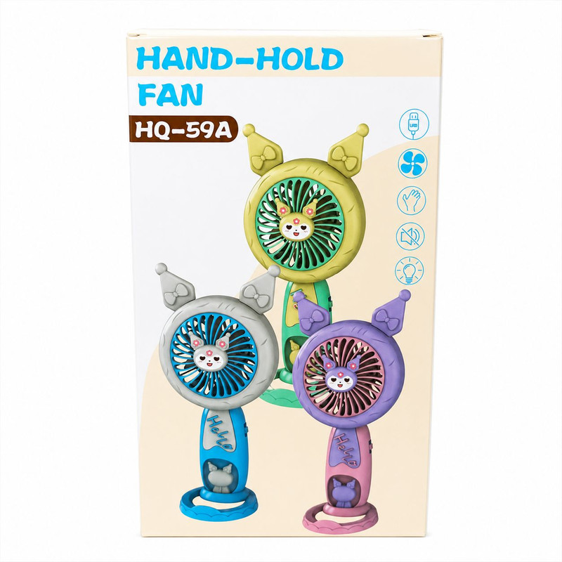 پنکه دستی شارژی مدل HQ-59A طرح خرگوشی با پایه رومیزی و چراغ LED