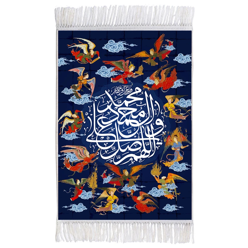 فرش ماشینی دیوارکوب اطلس آبی مدل صلوات کد T4111