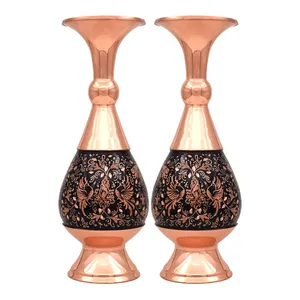 گلدان مسی مدل الماس تراش طرح گل و مرغ کد 20 مجموعه 2 عددی