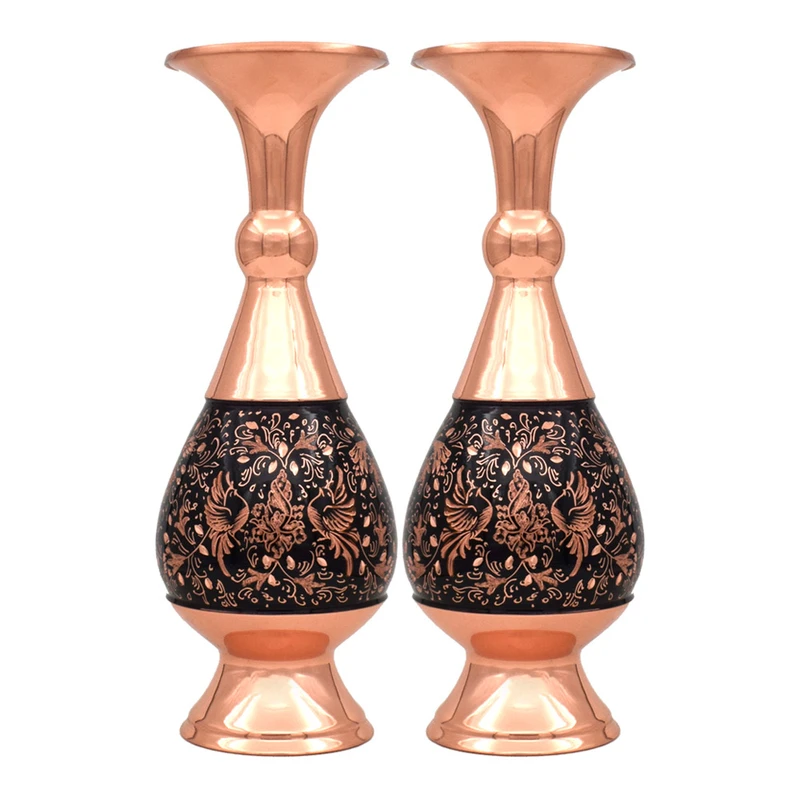 گلدان مسی مدل الماس تراش طرح گل و مرغ کد 20 مجموعه 2 عددی