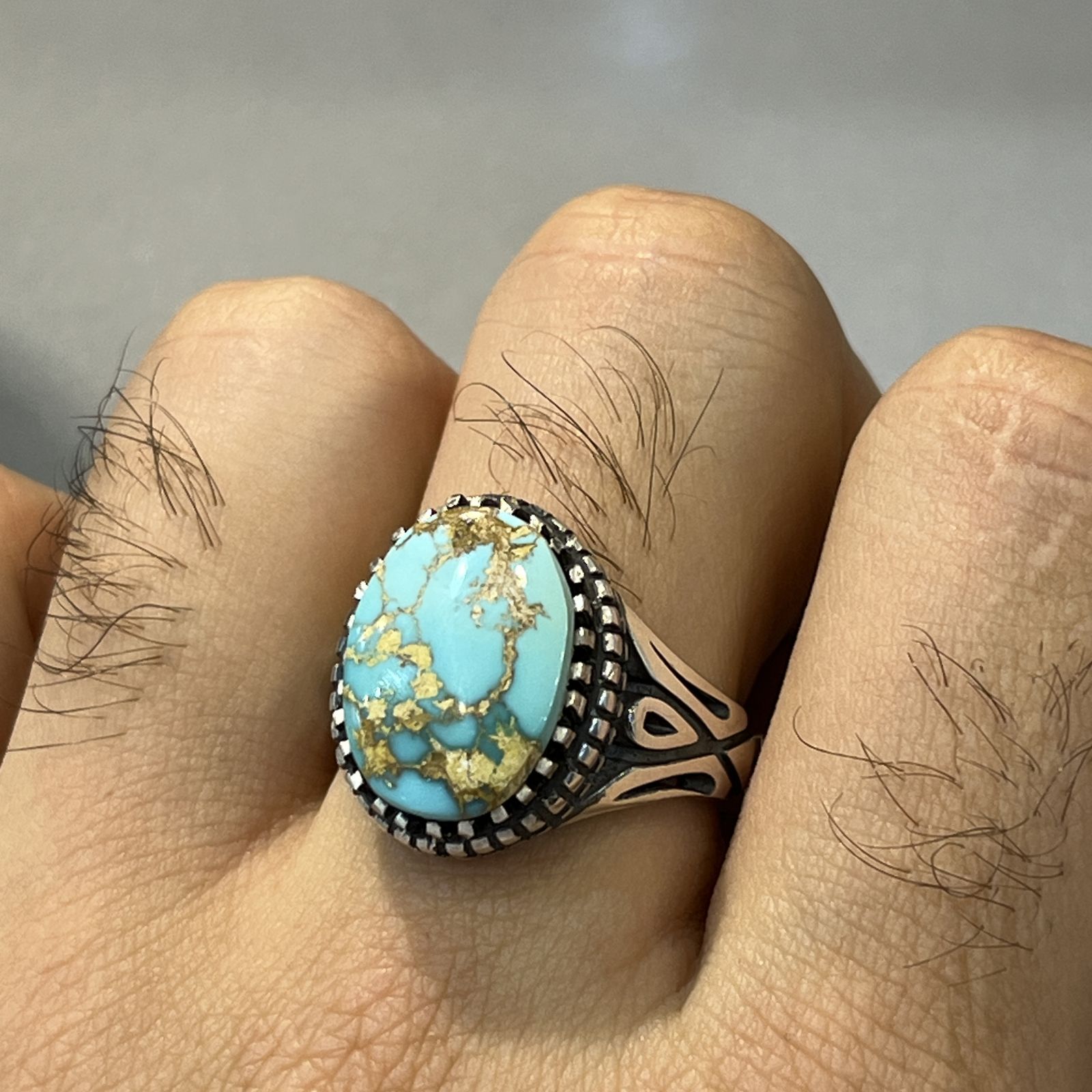 انگشتر نقره مردانه مدل هزار چنگ دستساز فیروزه نیشابوری کد 1 5-45 -  - 6