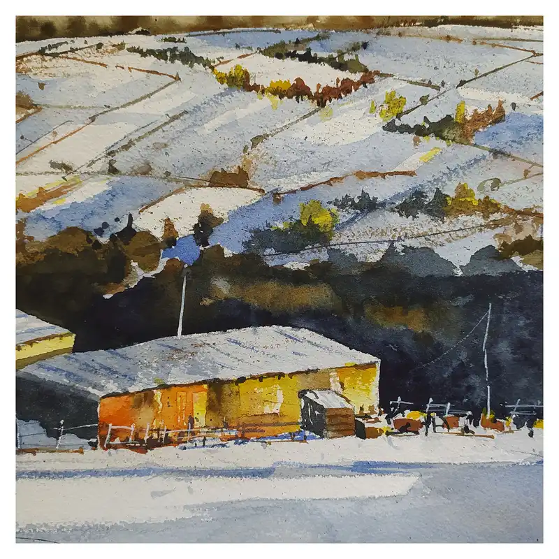 نقاشی آبرنگ طرح مزرعه ی برفی کد 10