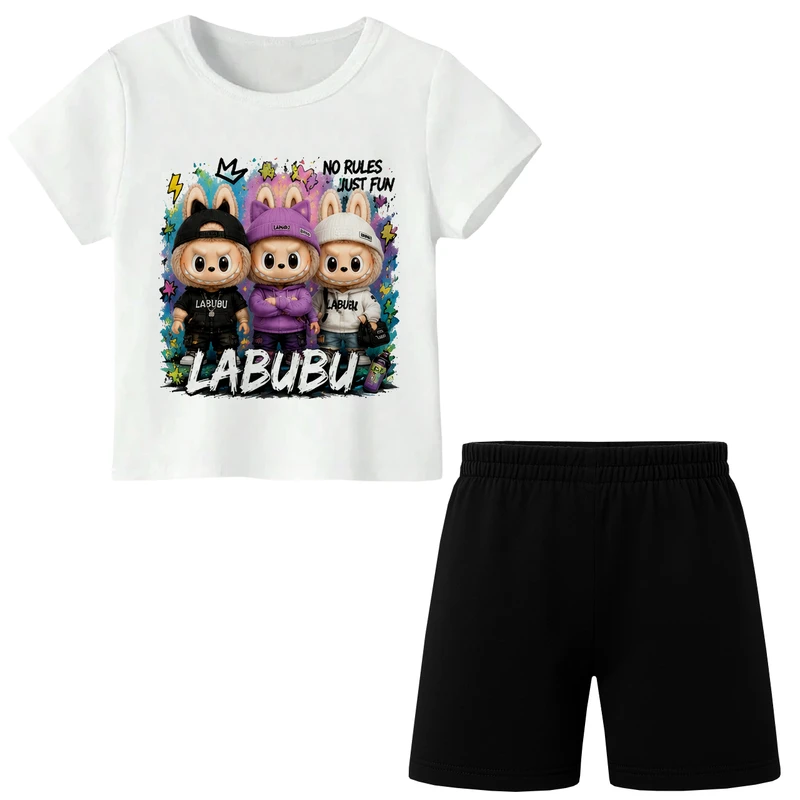 ست تی‌شرت آستین کوتاه و شلوارک راحتی دخترانه مدل A243 طرح LABUBU