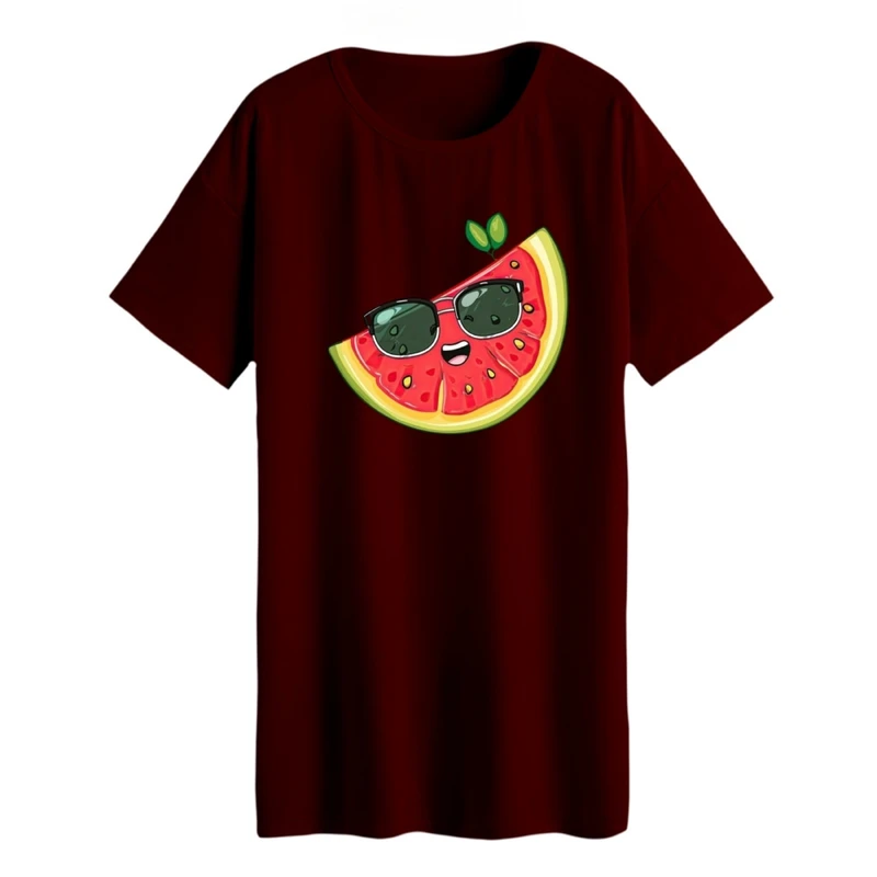 تی شرت لانگ زنانه مدل هندوانه یلدایی کد 42 رنگ زرشکی