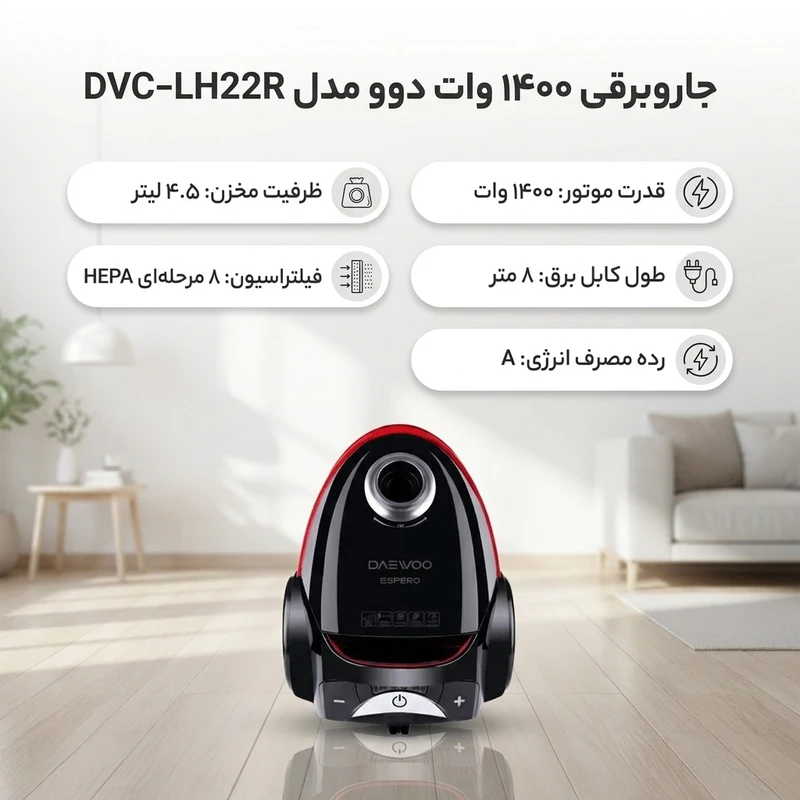 عکس شماره 2 : جاروبرقی ۱۴۰۰ وات دوو مدل dvc-lh22r