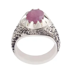 انگشتر نقره مردانه بازرگانی میلادی مدل سنگ یاقوت رکاب دست ساز قلم زنی کد AM_2543