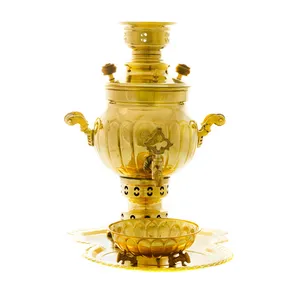 سرویس سماور ذغالی 3 پارچه برنجی مدل توپی شیاردار کد H-1249