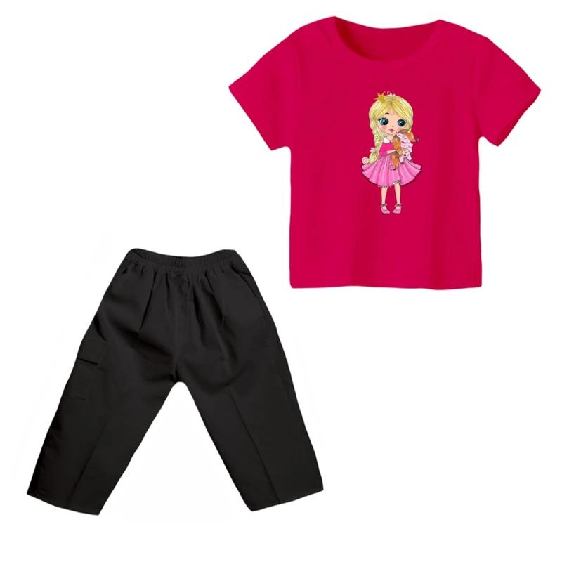 ست تی شرت و شلوارک دخترانه مدل یونیکورن کد ۲۳ رنگ سرخابی