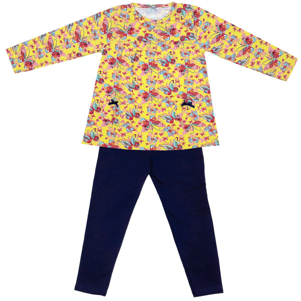 ست تی شرت و شلوار دخترانه طرح پروانه کد 3071 رنگ زرد