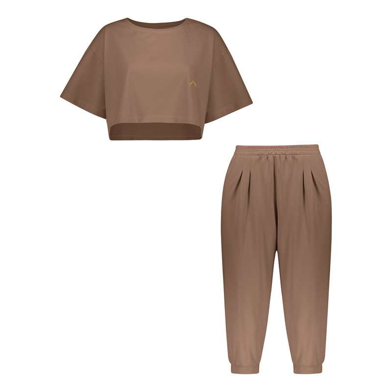 ست کراپ تی شرت آستین کوتاه و شلوارک زنانه ناربن مدل 15211066 رنگ قهوه ای