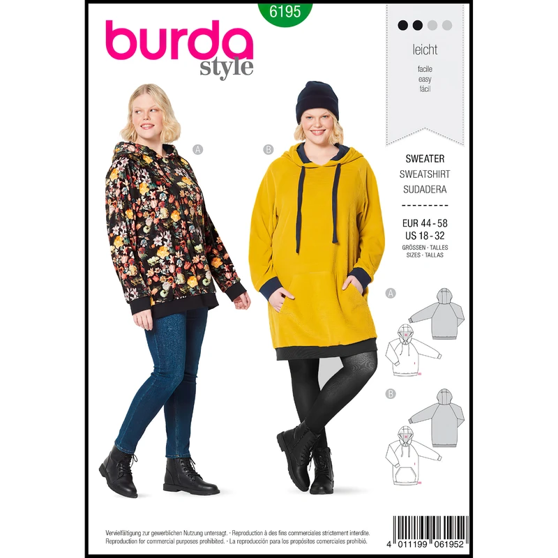 الگو خیاطی سوییشرت و هودی بوردا استایل کد 6195 سایز 44 تا 58 متد مولر