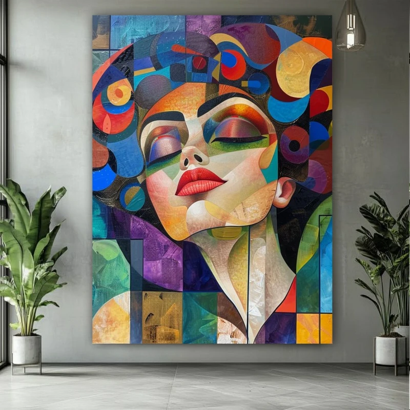 تابلو بوم طرح مخمل بانوی هنری مدل چهره رنگارنگ کد FP106259