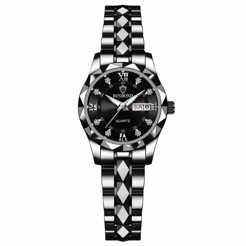 ساعت مچی عقربه‌ای کوارتز زنانه بین باند مدل دو تقویم الماسی کد 111