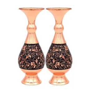 گلدان مسی مدل الماس تراش طرح گل و مرغ مجموعه 2 عددی