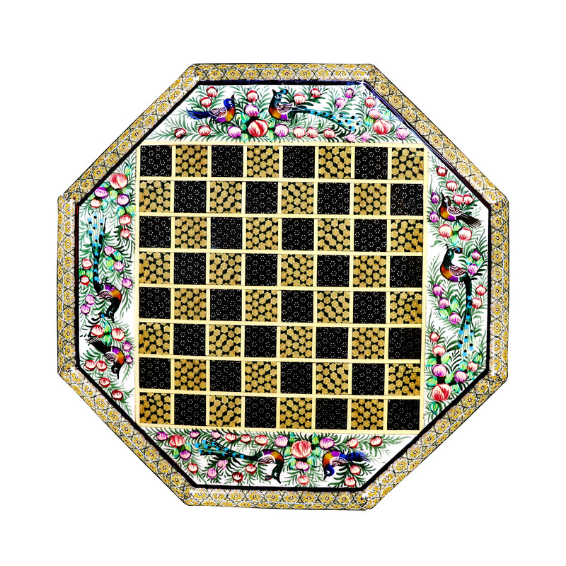 صفحه شطرنج خاتم کاری مدل 8 ضلعی طرح گل و مرغ برجسته کد Octagonal36Gr