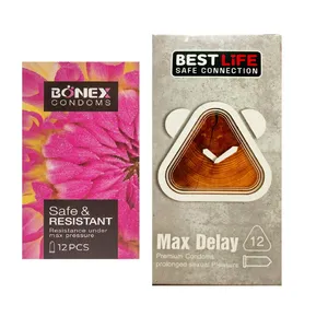 کاندوم بونکس مدل Safe & Resistant بسته 12 عددی به همراه کاندوم کاندوم بست لایف مدل Max Delay بسته 12 عددی