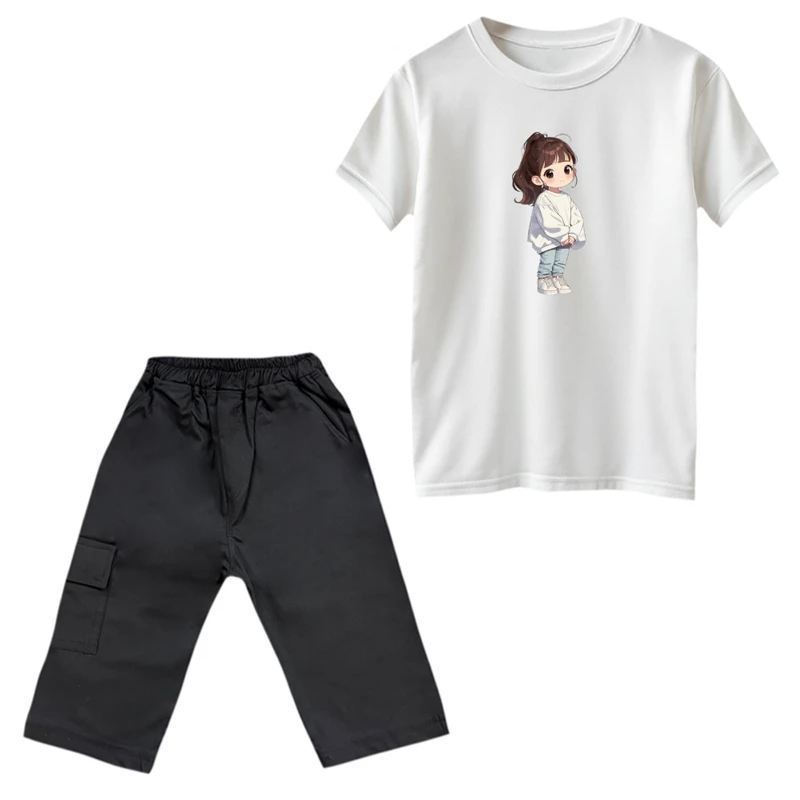 ست تی‌شرت و شلوارک دخترانه مدل دختر مو بلند رنگ سفید 