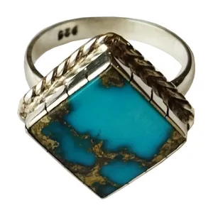 انگشتر نقره زنانه مدل  دستساز لوزی فیروزه نیشابور