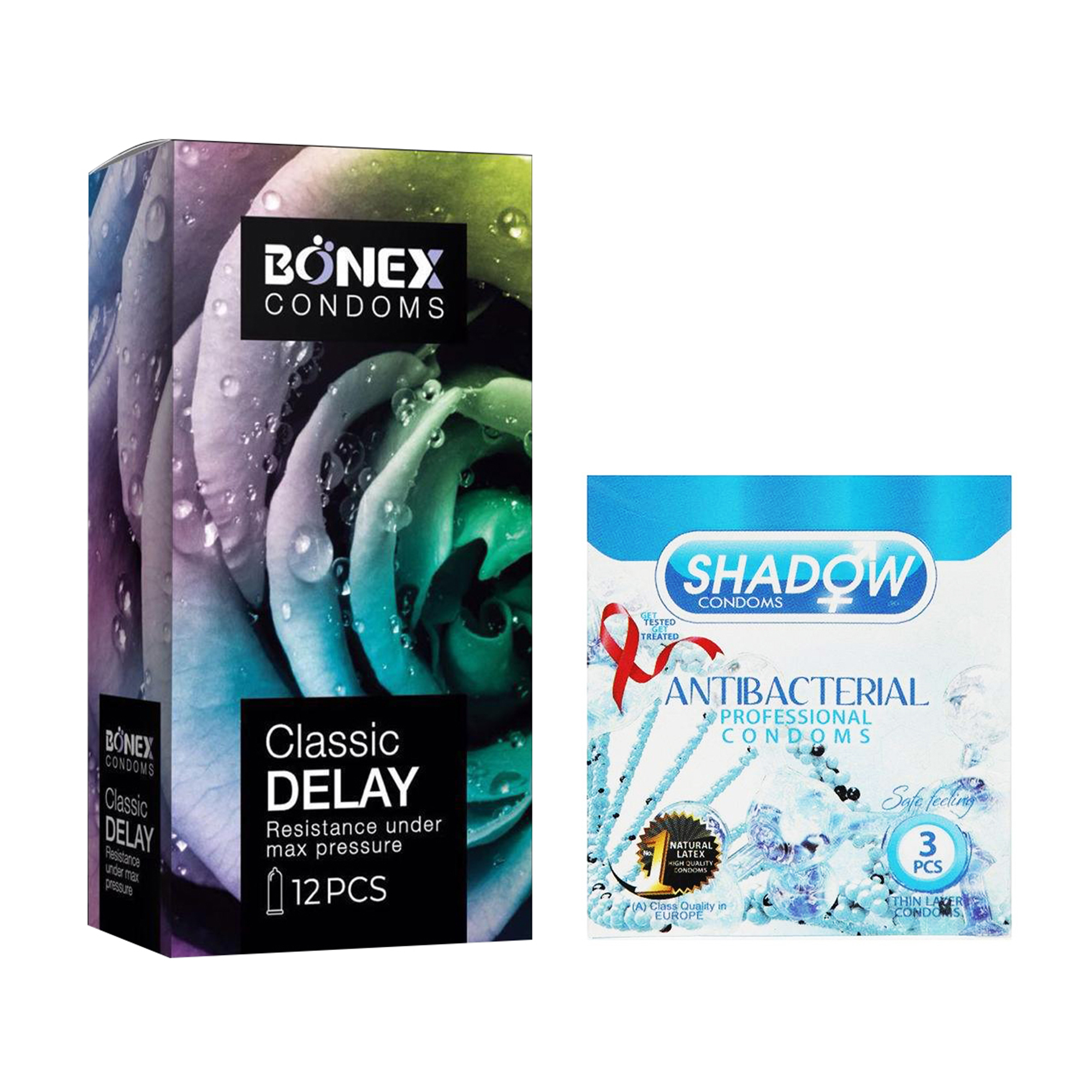 کاندوم بونکس مدل Classic Delay بسته 12 عددی به همراه کاندوم شادو مدل Anti Bacterial بسته 3 عددی 