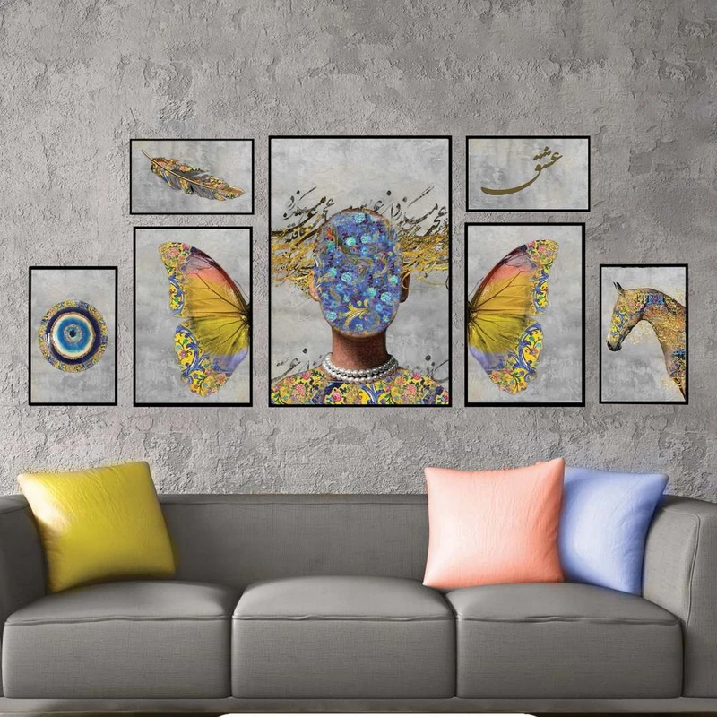 تابلو بکلیت طرح چهره و خطاطی و پروانه مدل شاین اکلیلی B-2210 فریم مشکی مجموعه 7 عددی