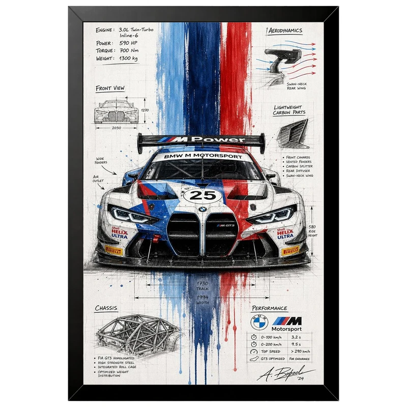 تابلو بکلیت طرح ماشین و خودرو بی ام و BMW M4 GT3 مدل B-az1005 فریم مشکی