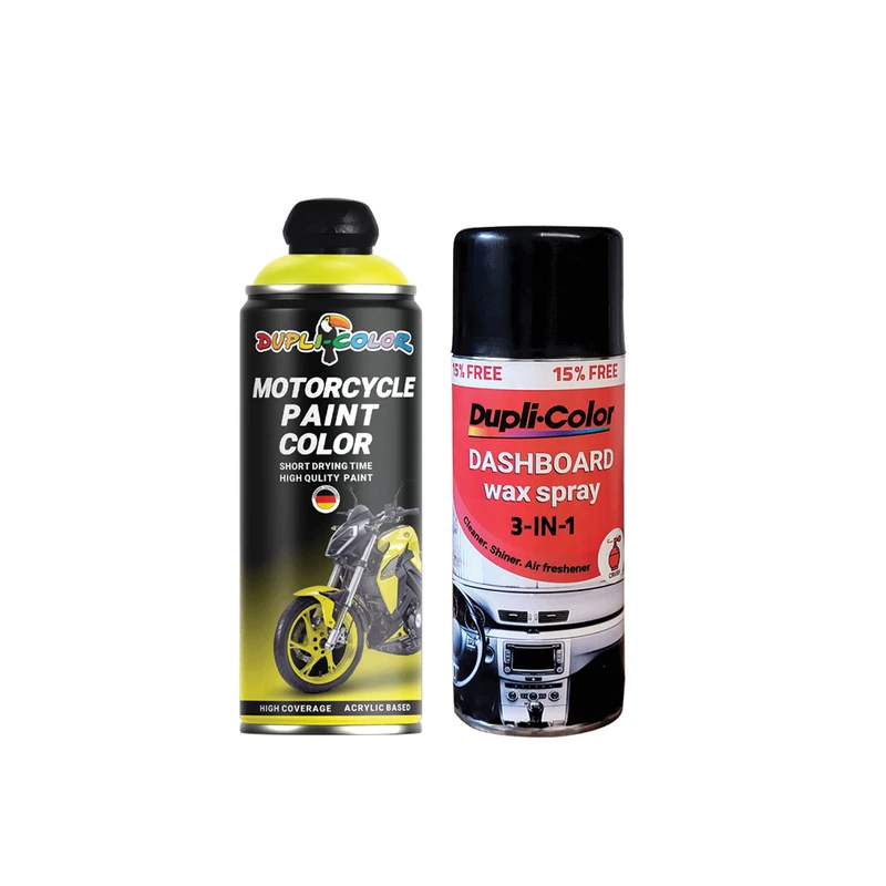 اسپری پولیش و خوشبو کننده داشبورد رایحه کراش و اسپری رنگ موتور سیکلت زرد فلورسنت دوپلی کالر مدل شب تاب حجم 400 میلی لیتر مجموعه 2 عددی