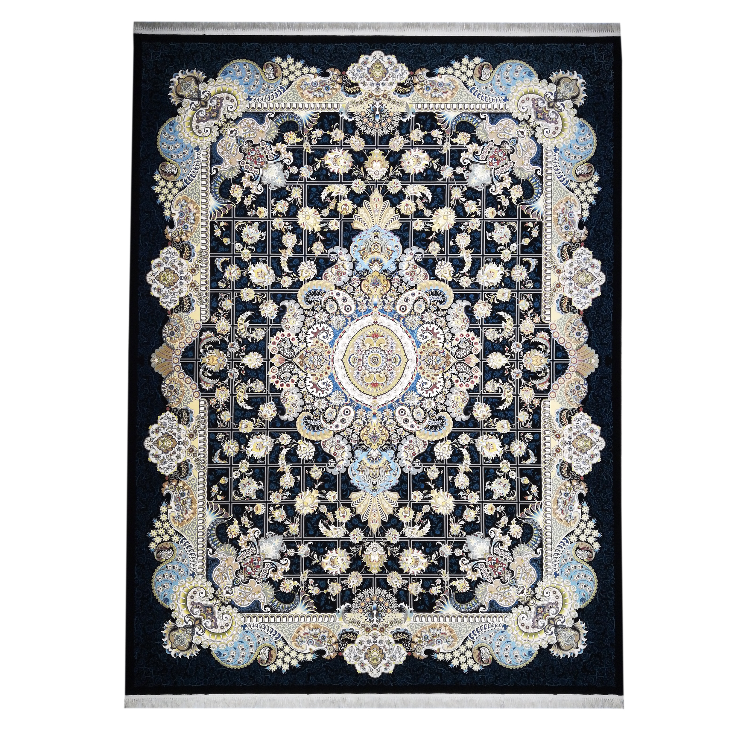 فرش ماشینی فرش مارکت تریتا مدل طاها کد fm 1200 63 زمینه سرمه ای