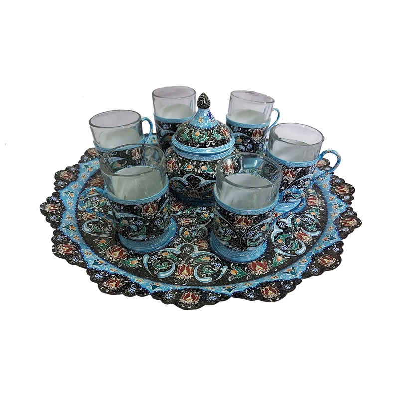 سرویس چای خوری میناکاری 8 پارچه طرح پرداز و ختایی کد 2654