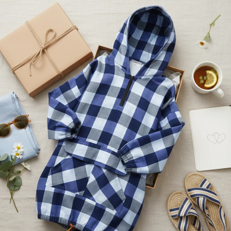 عکس شماره 9 : هودی زنانه مدل چهارخانه کلاهدار