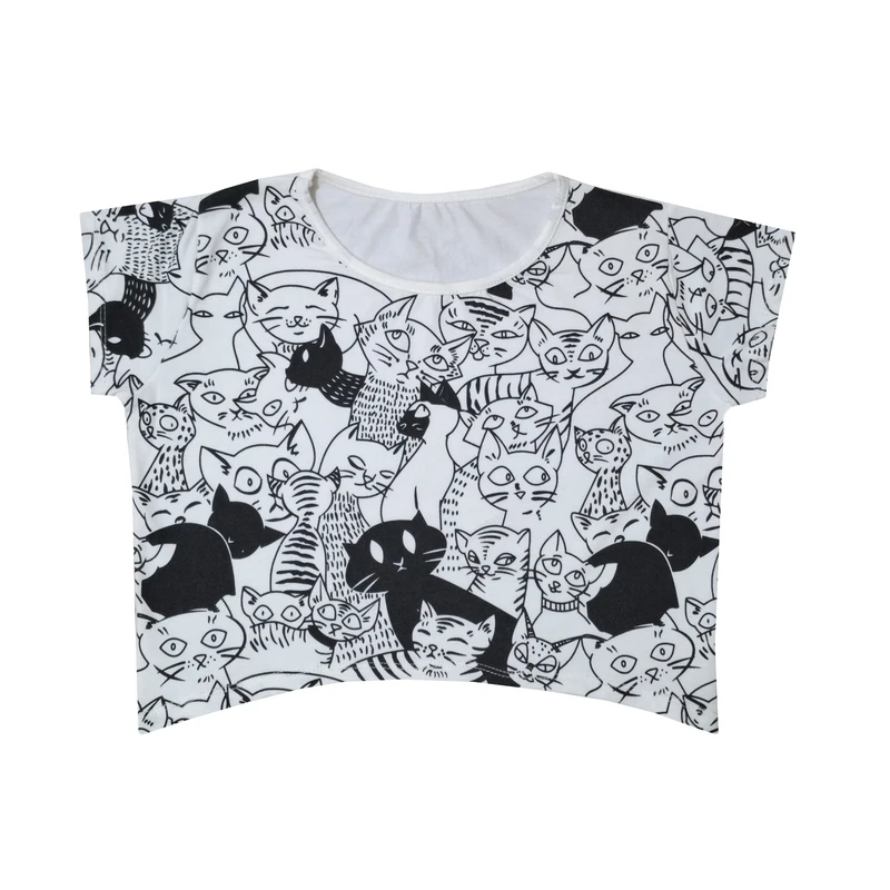 کراپ تی‌شرت آستین تا روی شانه زنانه مدل گربه کد 5741