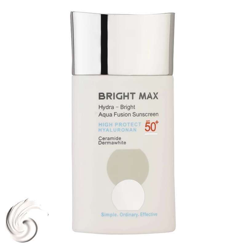 فلوئید ضدآفتاب بی‌رنگ برایت مکس، SPF50، مدل هایدرابرایت، ‌مناسب انواع پوست و حجم 50 میلی‌لیتر، محافظت کننده در برابر اشعه UVAو UVB و رادیکال‌های آزاد، آبرسان قوی، ضد لک و روشن کننده پوست، با ماندگاری 2 ساعته