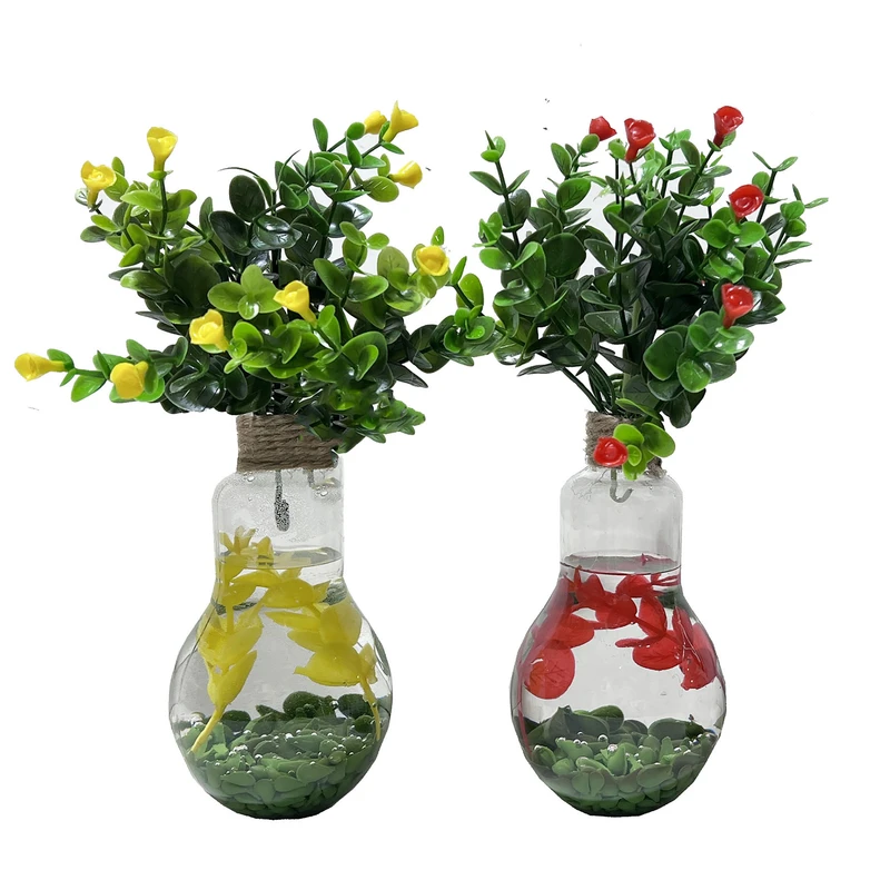 گلدان به همراه گل مصنوعی مدل لامپ و شمشاد گلدار مجموعه 2 عددی