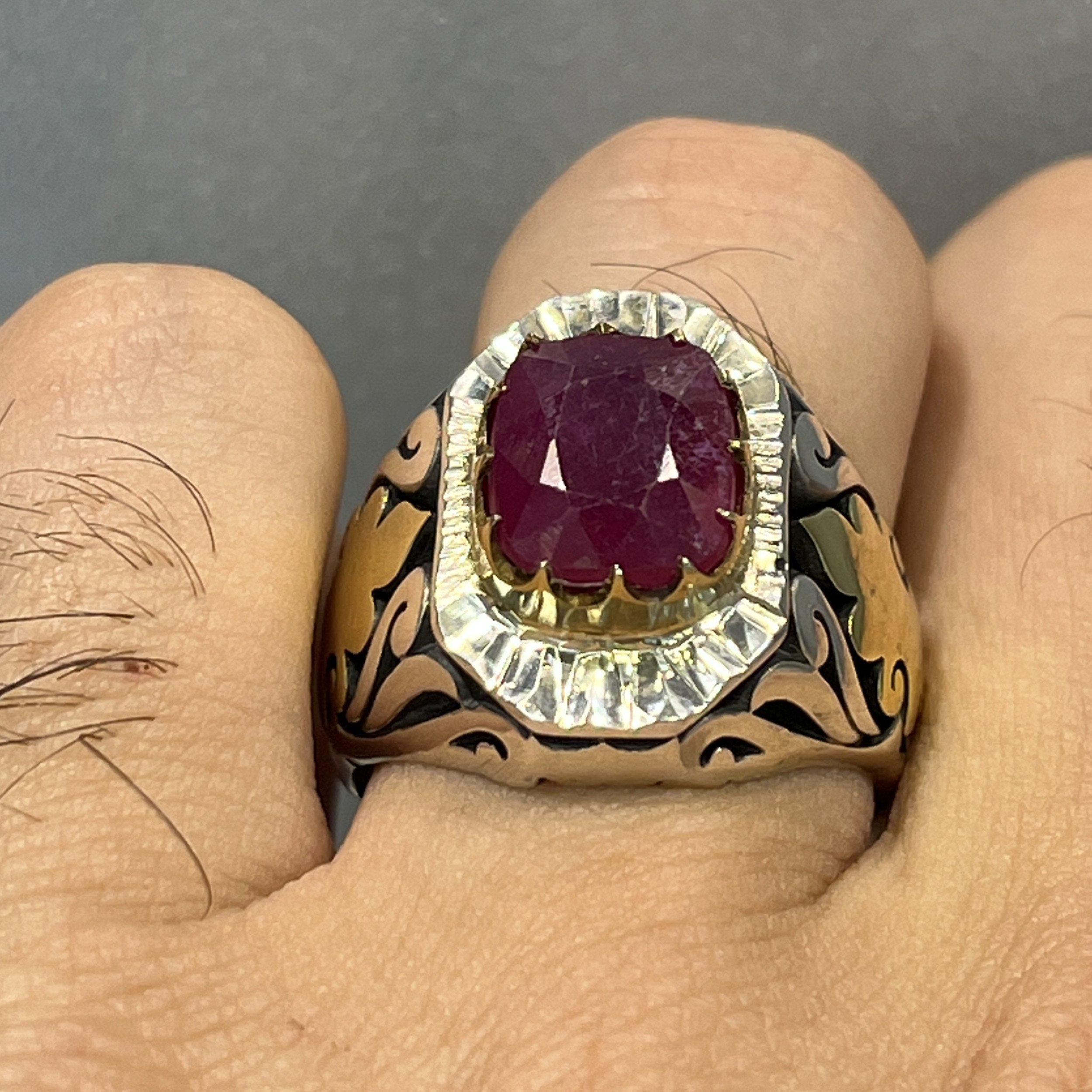 انگشتر نقره مردانه مدل برنجی یاقوت سرخ آفریقایی 9985-3