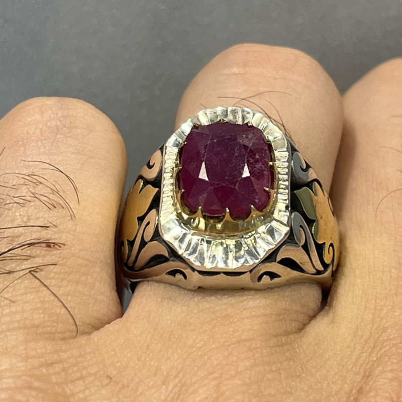 انگشتر نقره مردانه مدل برنجی یاقوت سرخ آفریقایی 9985-3