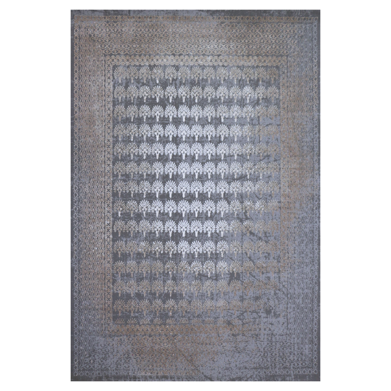 فرش ماشینی ابریشمی پرشین طرح وینتیج کد 90443 زمینه طوسی