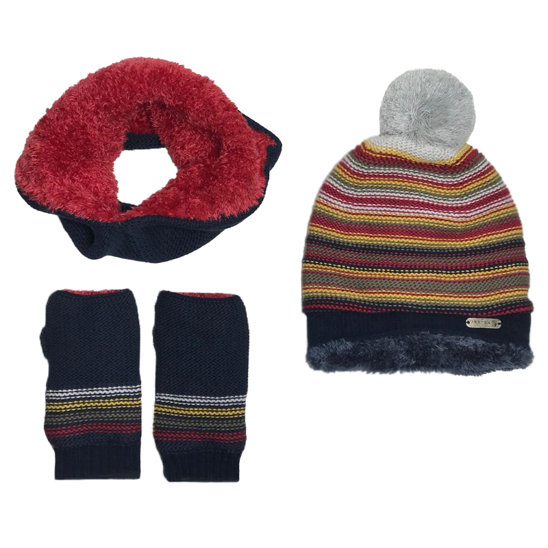 ست کلاه و شال گردن و ساق دست بافتنی بچگانه تارتن مدل 65019 رنگ سرمه ای