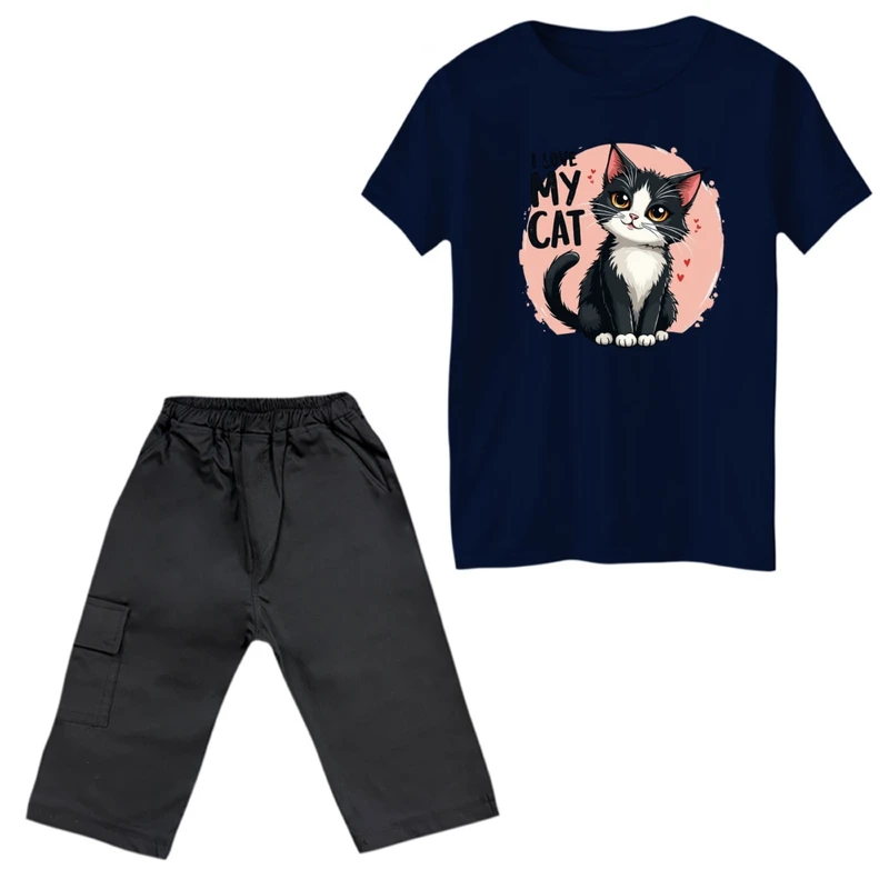 ست تی‌شرت آستین کوتاه و شلوارک دخترانه مدل گربه