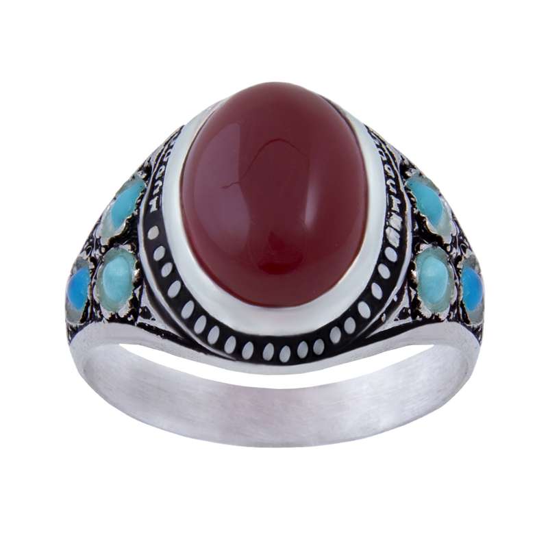 انگشتر نقره مردانه بازرگانی میلادی مدل سنگ عقیق مخراج فیروزه کد AM_071